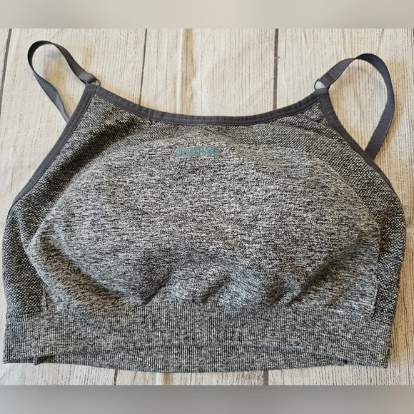 Gymshark Flex Sportsbra Size Small Gray Spellout on Back Adjustable Straps Activ - Picture 6 of 8
